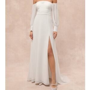 Lulus NWT Adorna White Off-the-Shoulder Semi-Sheer Chiffon Maxi Dress Large